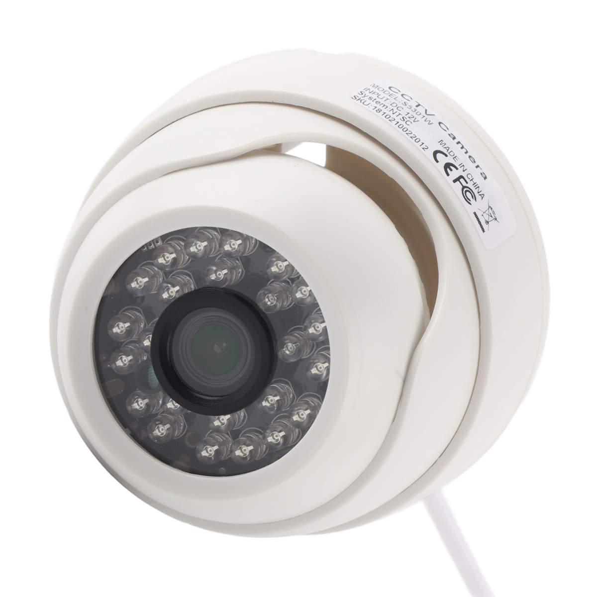 Eine weiße, kuppelförmige CCTV-Kamera mit mehreren Infrarot-LED-Leuchten und einem Kabel.