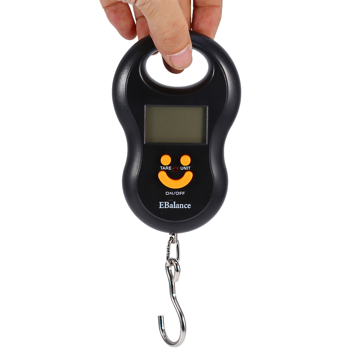 Eine schwarze elektronische Waage mit einem Smiley und einem Haken.