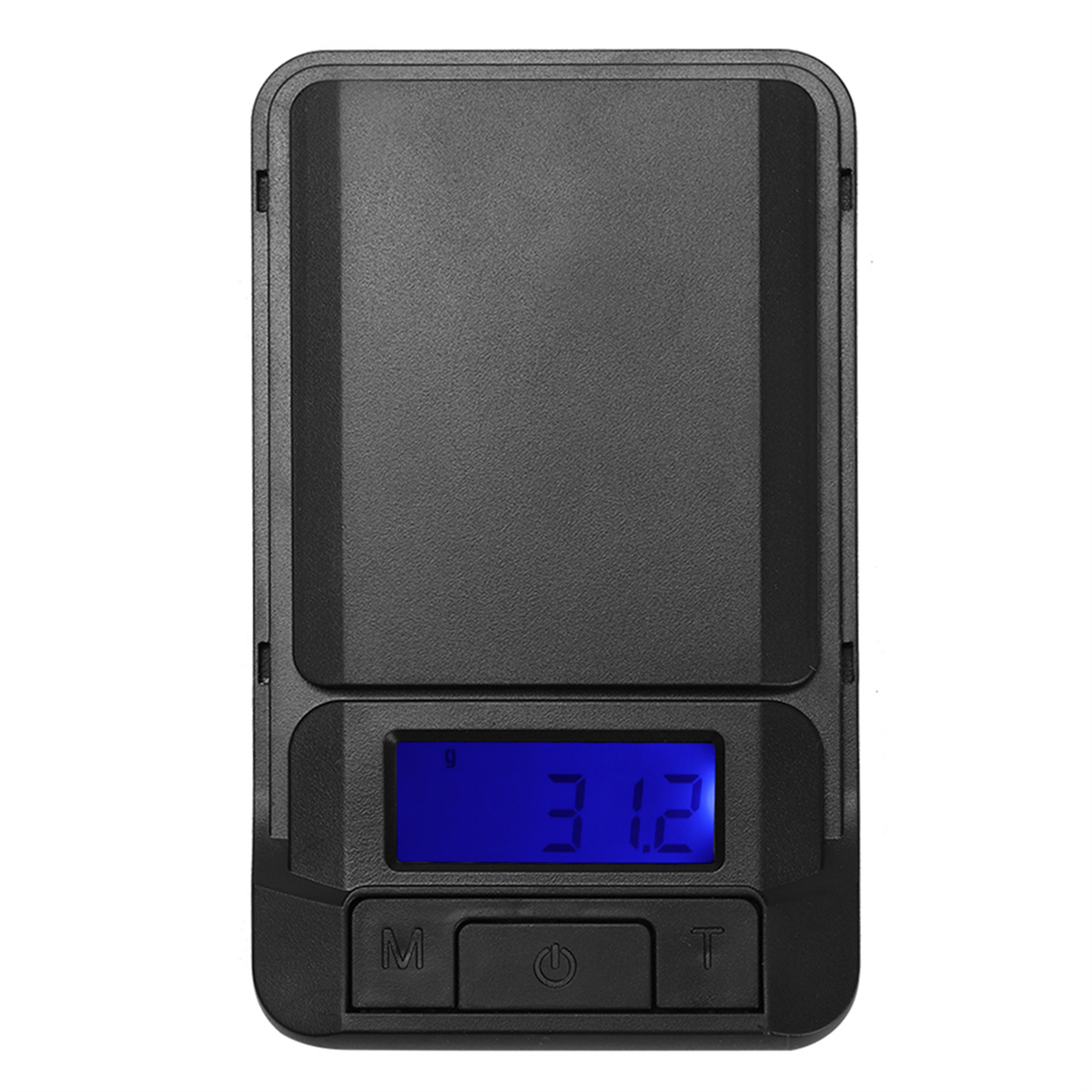 Schwarze Digitalwaage mit blauem Display, das 31,2 anzeigt.