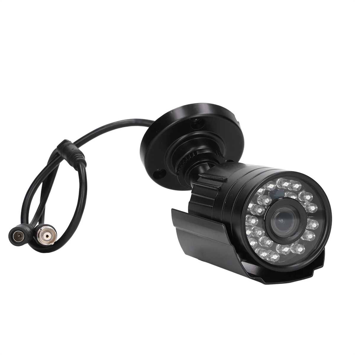 Eine schwarze Überwachungskamera mit Objektiv und LED-Leuchten. Sie hat ein schwarzes Kabel.