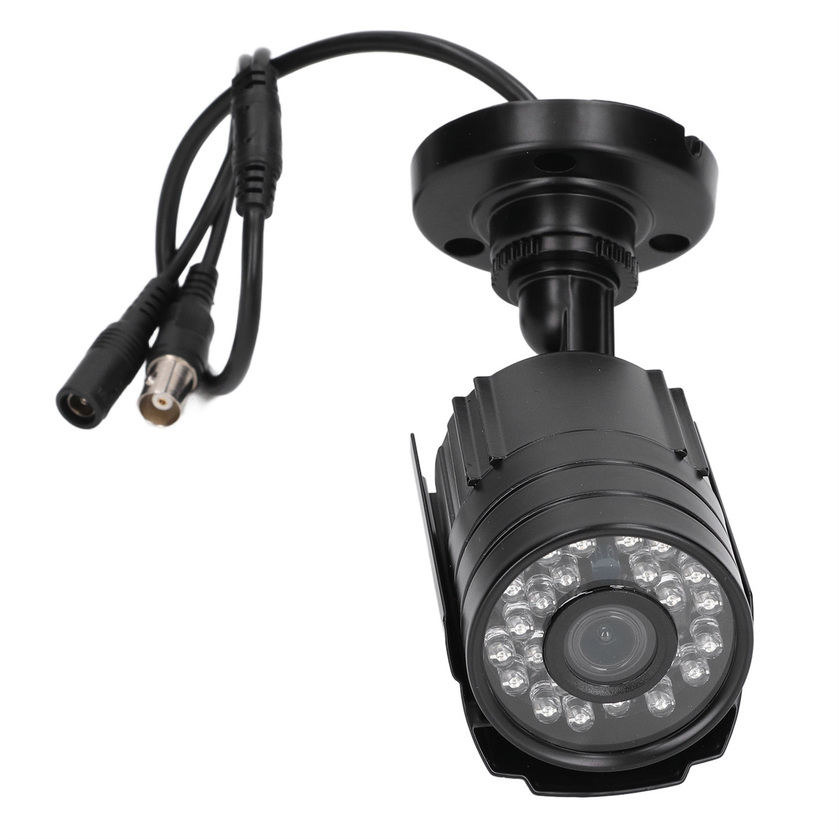 Schwarze Überwachungskamera mit Infrarot-LEDs und Kabeln. Die Kamera ist zylindrisch und auf weißem Hintergrund montiert.