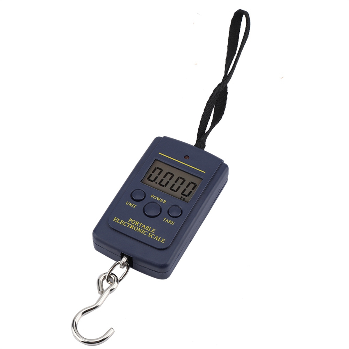 Eine kleine, dunkelblaue tragbare elektronische Waage mit Haken und LCD-Anzeige mit einem Gewicht von 0,000.