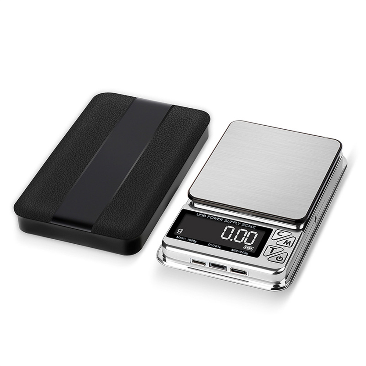 Digitale USB-Waage mit schwarzem Gehäuse. Waage zeigt 0,00.