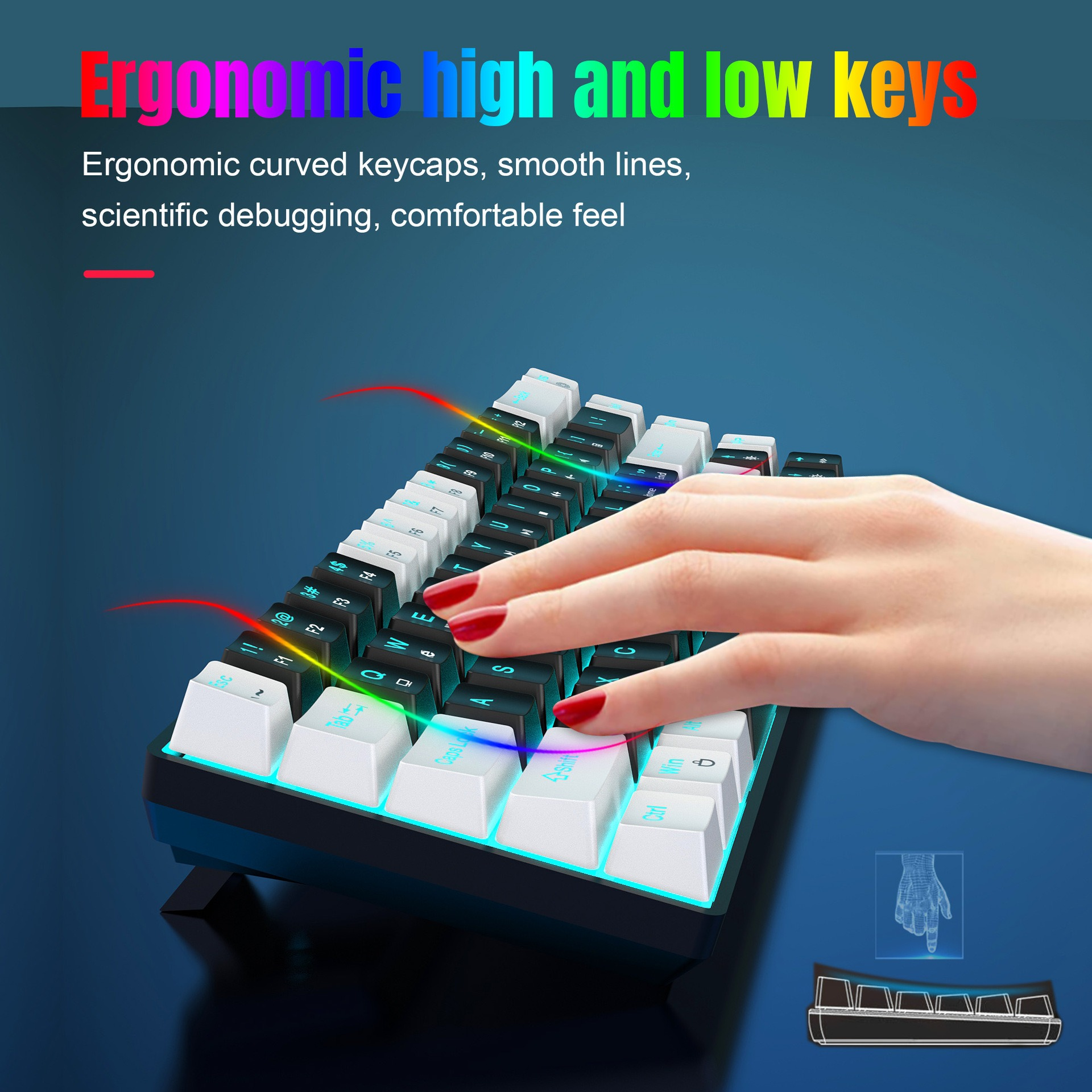 Tastatur mit Regenbogen-Tasten, Hand auf Tasten und Text, der ergonomisches Design beschreibt.