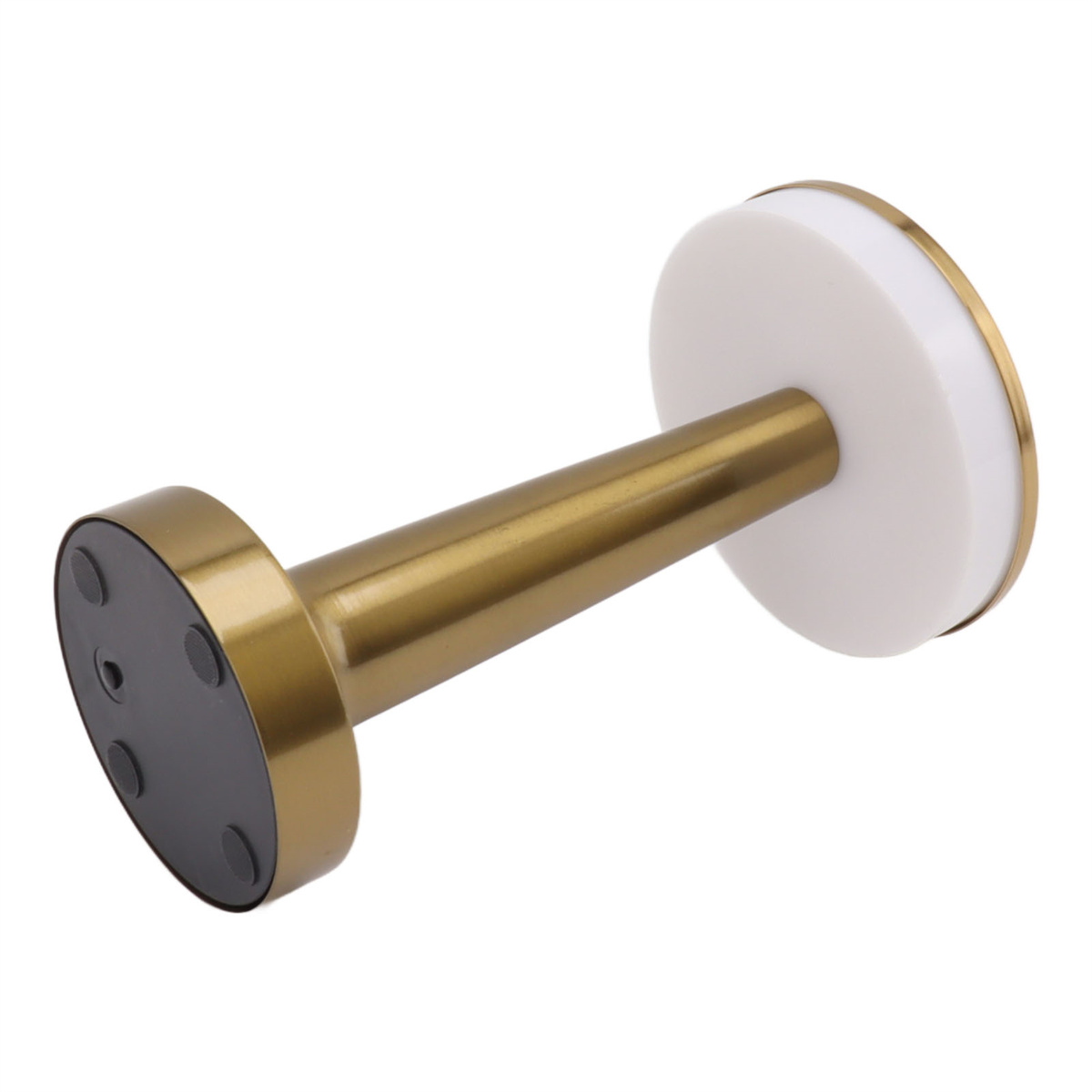 Ein gold-weißes hantelförmiges Objekt. Es hat einen goldenen Griff und weiße kreisförmige Enden. Schwarze Basis.
