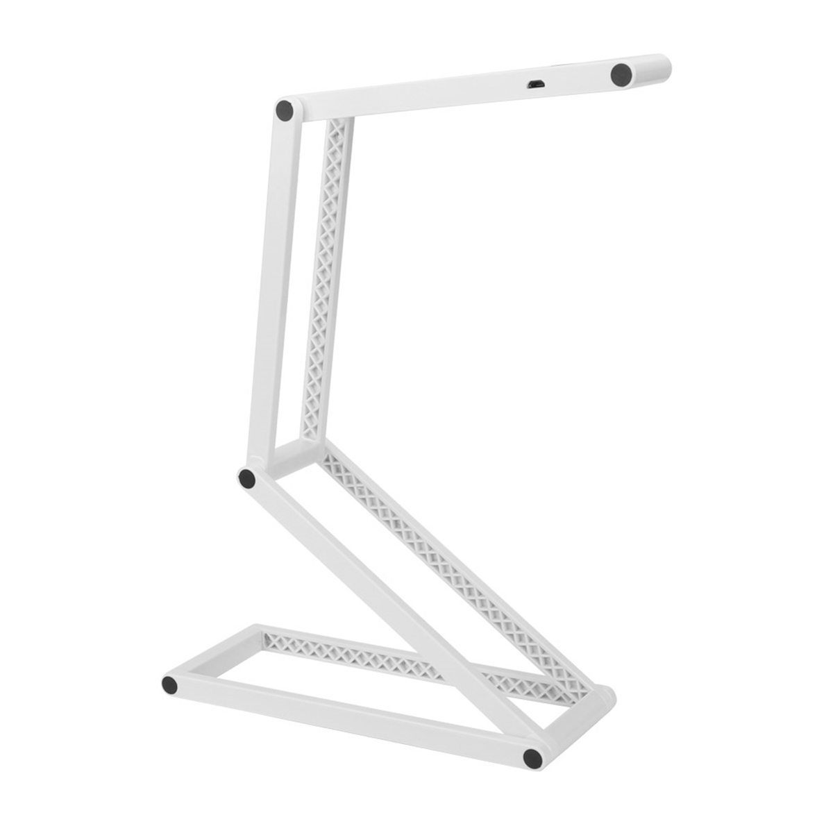 Weiße, faltbare LED-Schreibtischlampe. Sie ist geöffnet und hat einen USB-Ladeanschluss.