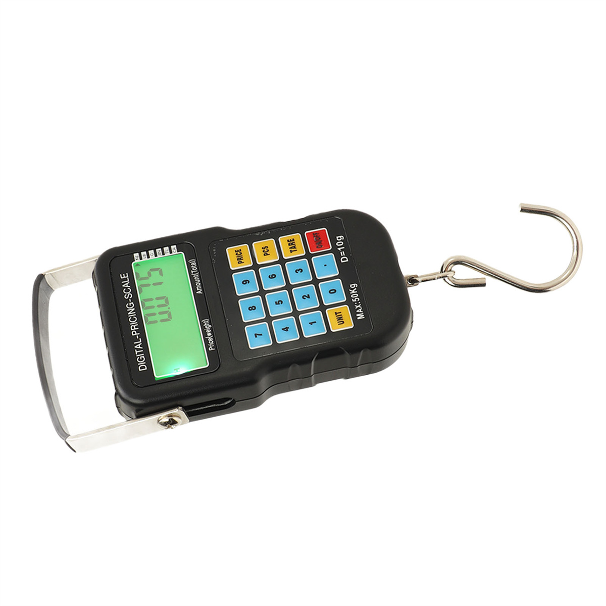 Schwarze digitale Hängewaage mit Display und Haken.