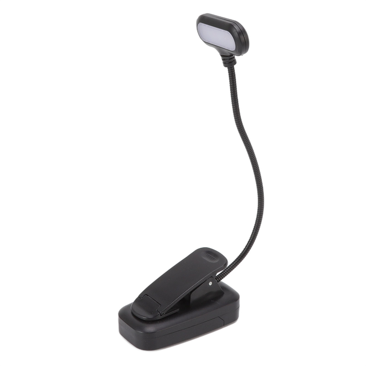 Eine schwarze Clip-on-Leselampe. Sie hat einen flexiblen Hals und ein kleines weißes Licht oben.