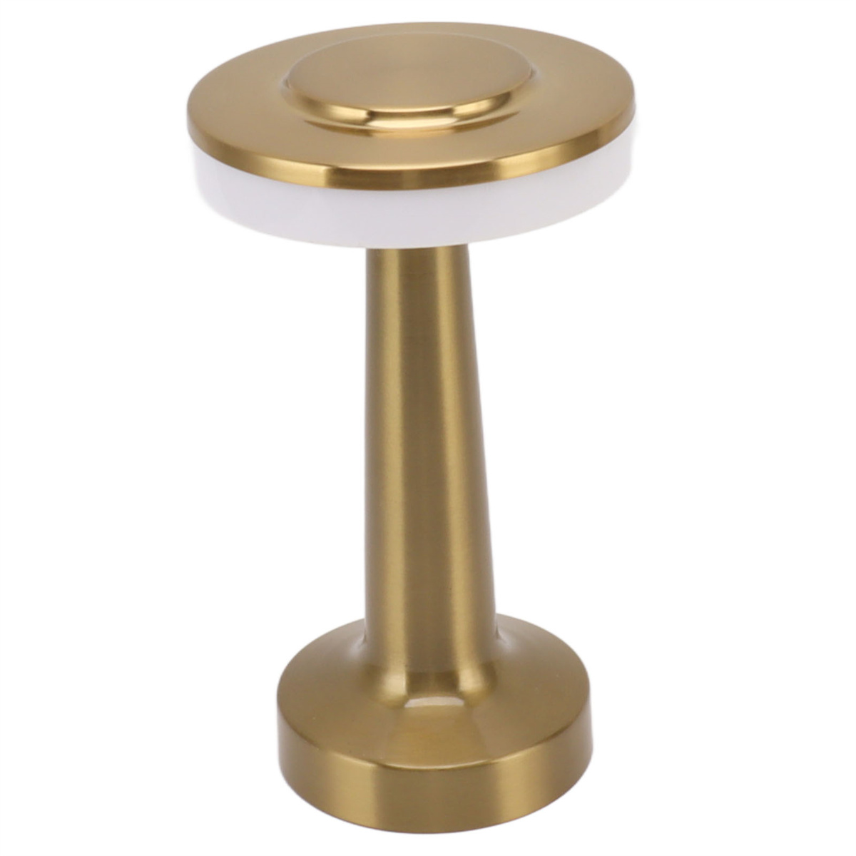 Eine goldene LED-Tischlampe mit zylindrischem Fuß und rundem Oberteil.