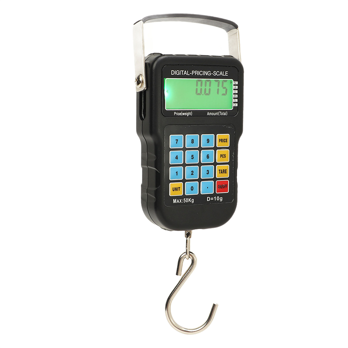 Eine digitale Preiswaage, schwarzes Gehäuse mit Haken. Das Display zeigt Gewicht und Preis. Tasten für Preis, Tara und Einheit.