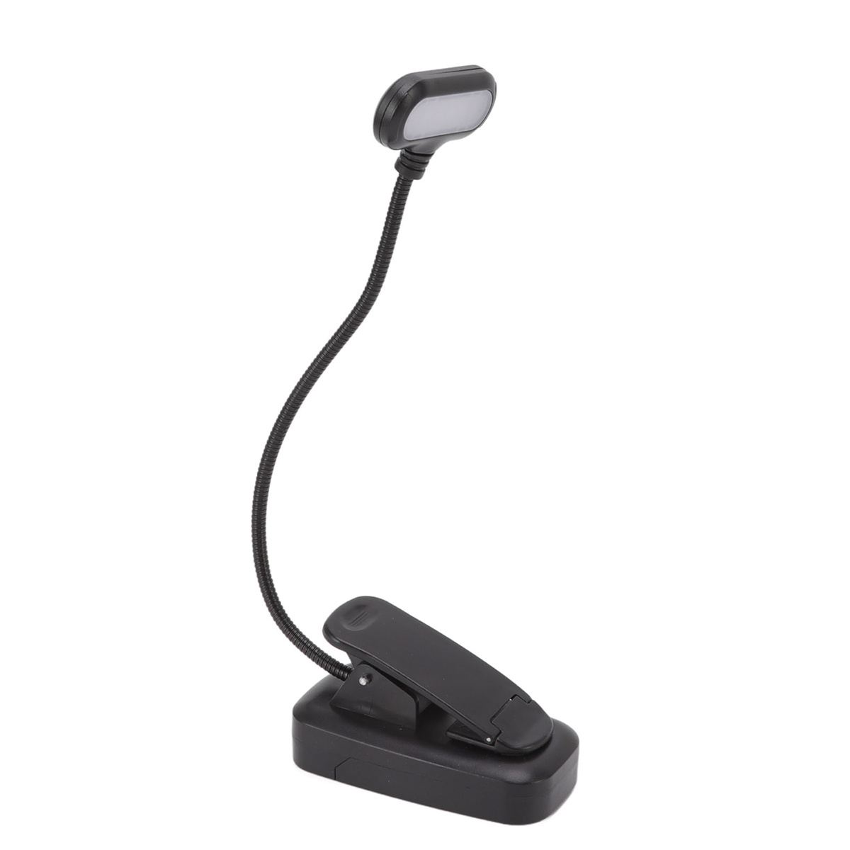 Eine schwarze, flexible Nackenleselampe mit Clipfuß und kleinem Licht oben.