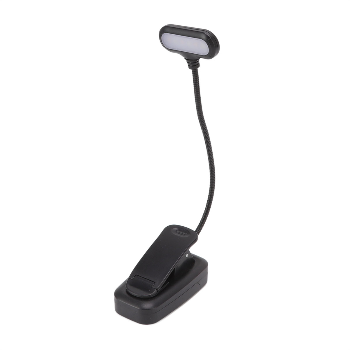 Eine schwarze Leselampe mit flexiblem Hals und Clip-on-Sockel wird gezeigt.