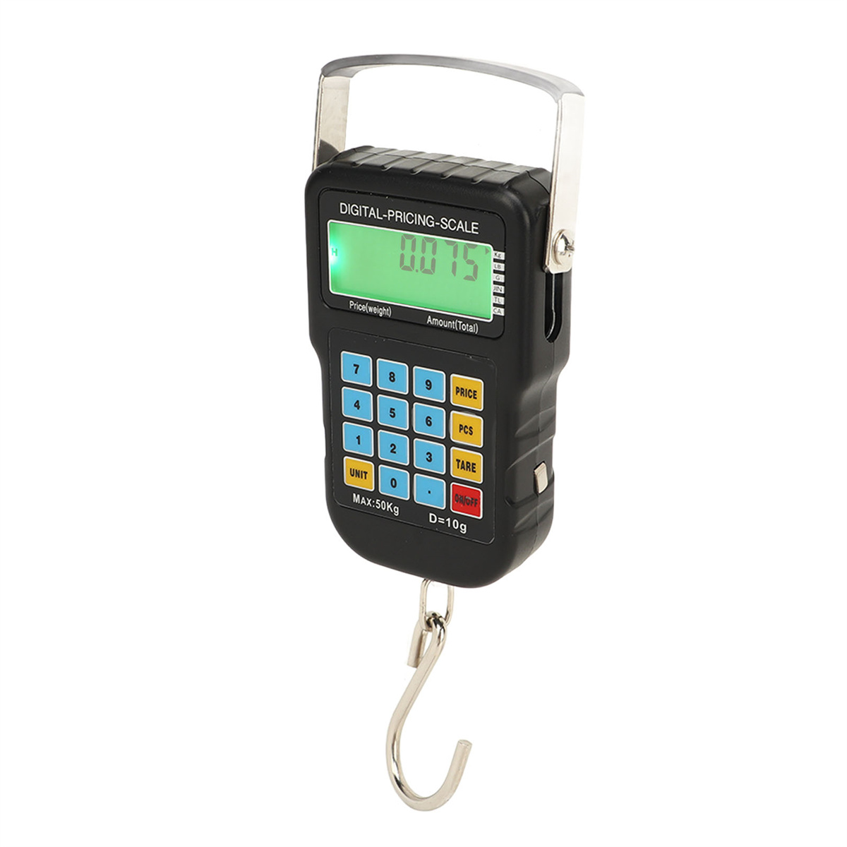 Eine schwarze digitale Preiswaage mit grünem Display. Sie hat einen Haken und mehrere Tasten.