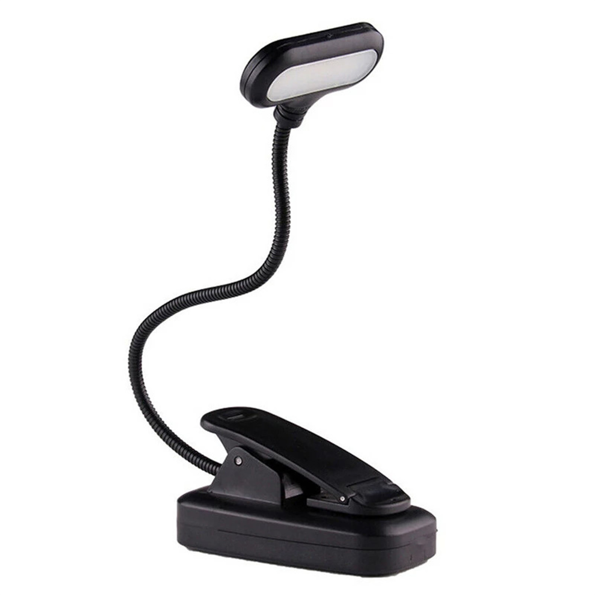 Schwarze Clip-on-LED-Lampe mit flexiblem Arm und weißem Lichtpaneel auf weißem Hintergrund.