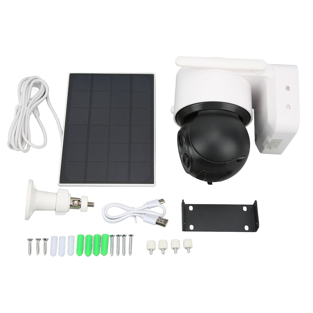 Weiße und schwarze Outdoor-Überwachungskamera und Solarpanel mit Zubehör. Weißer Hintergrund.