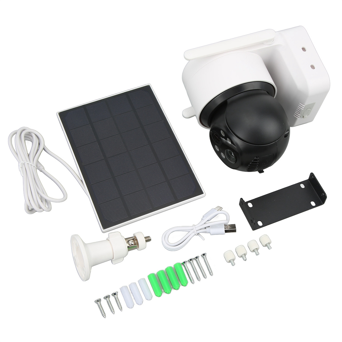 Weiße Überwachungskamera mit Solarpanel, Schrauben und anderem Zubehör.