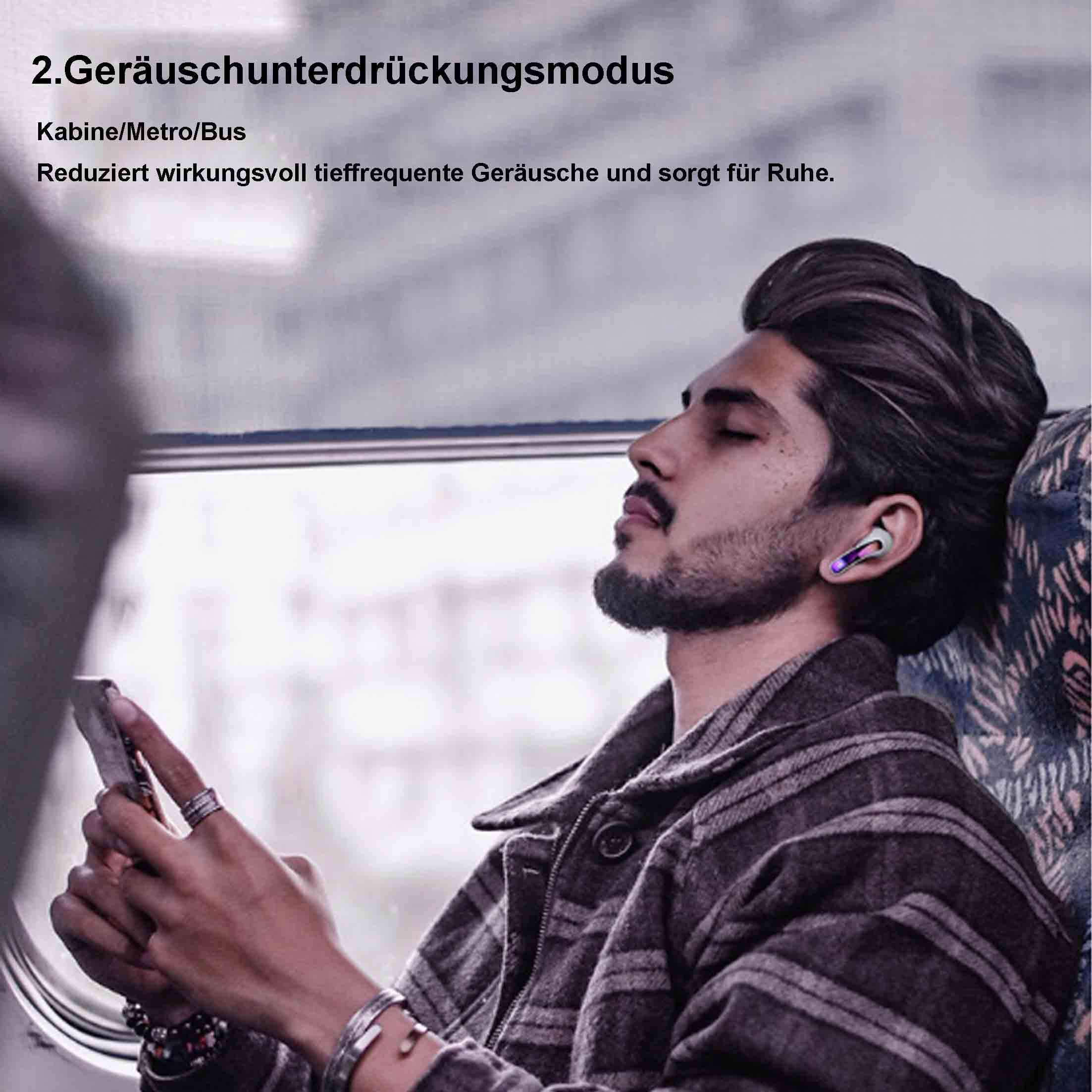 Mann im Zug benutzt Telefon mit Ohrhörern. Deutscher Text besagt Geräuschunterdrückungsmodus.