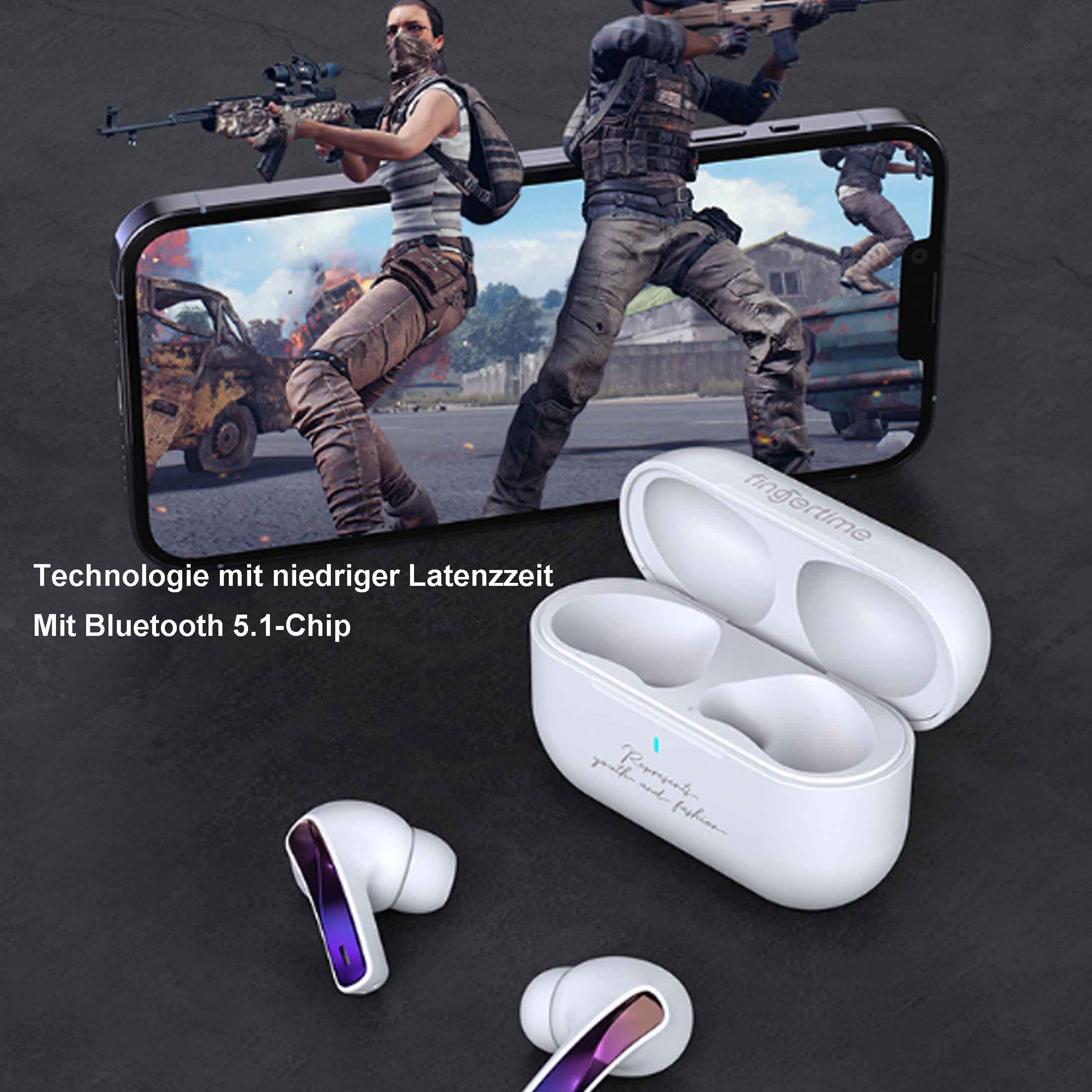 Weiße kabellose Ohrhörer mit Ladecase und ein Handy mit Gamern. Schwarzer Hintergrund.
