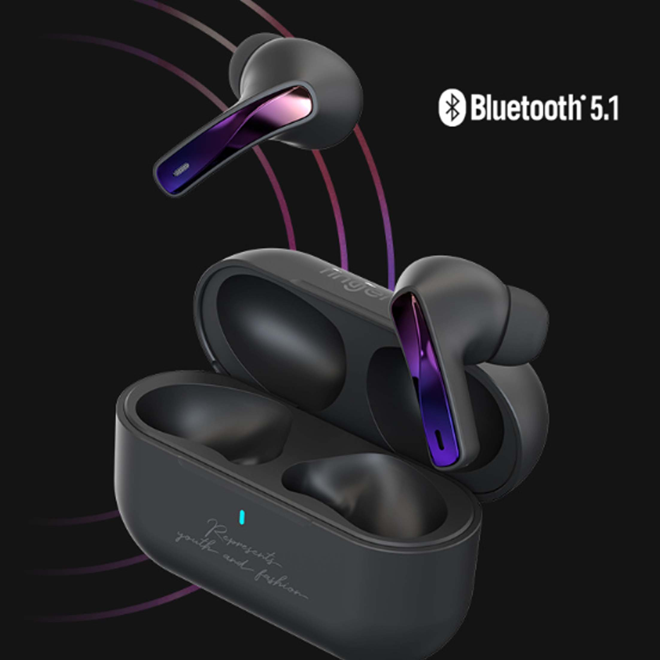Schwarze kabellose Ohrhörer und Ladecase auf dunklem Hintergrund, mit Bluetooth 5.1 Text.