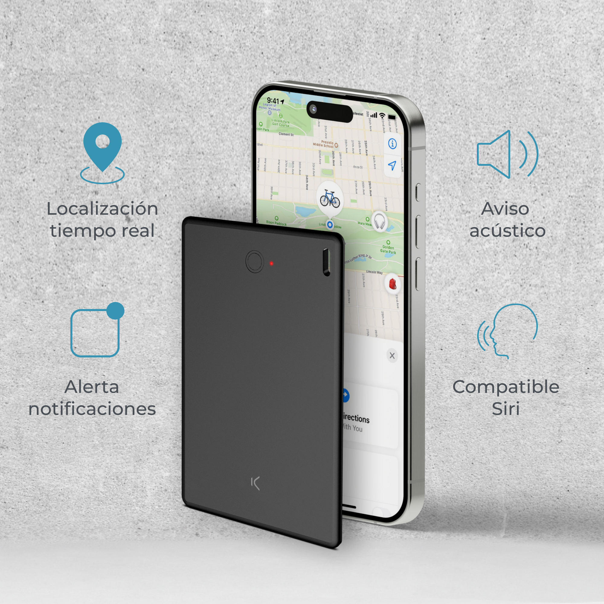 Telefon i karta śledząca. Ikony: lokalizacja, powiadomienia, Siri, dźwięk.