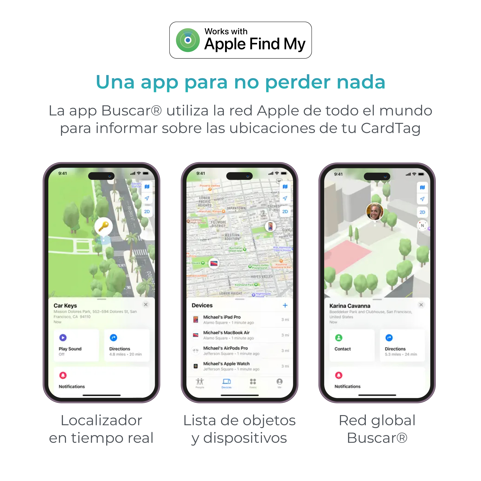 Zrzuty ekranu pokazujące funkcje aplikacji Apple Znajdź.