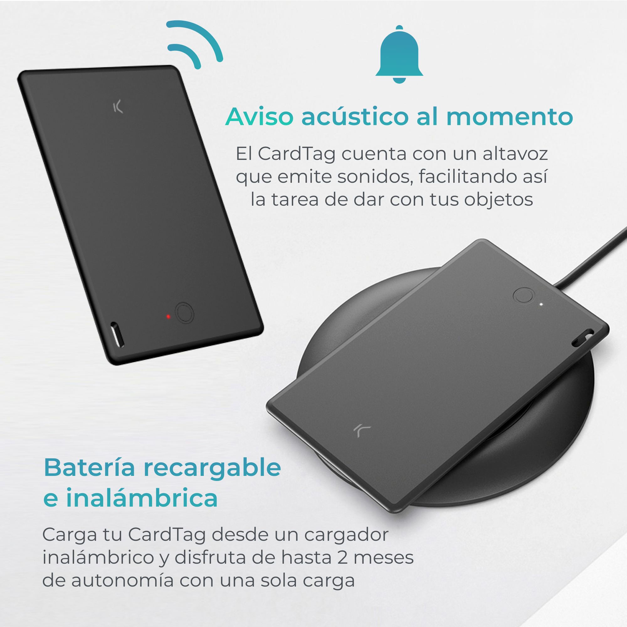 Czarna karta i podkładka ładująca. Tekst opisuje funkcję alarmu dźwiękowego.