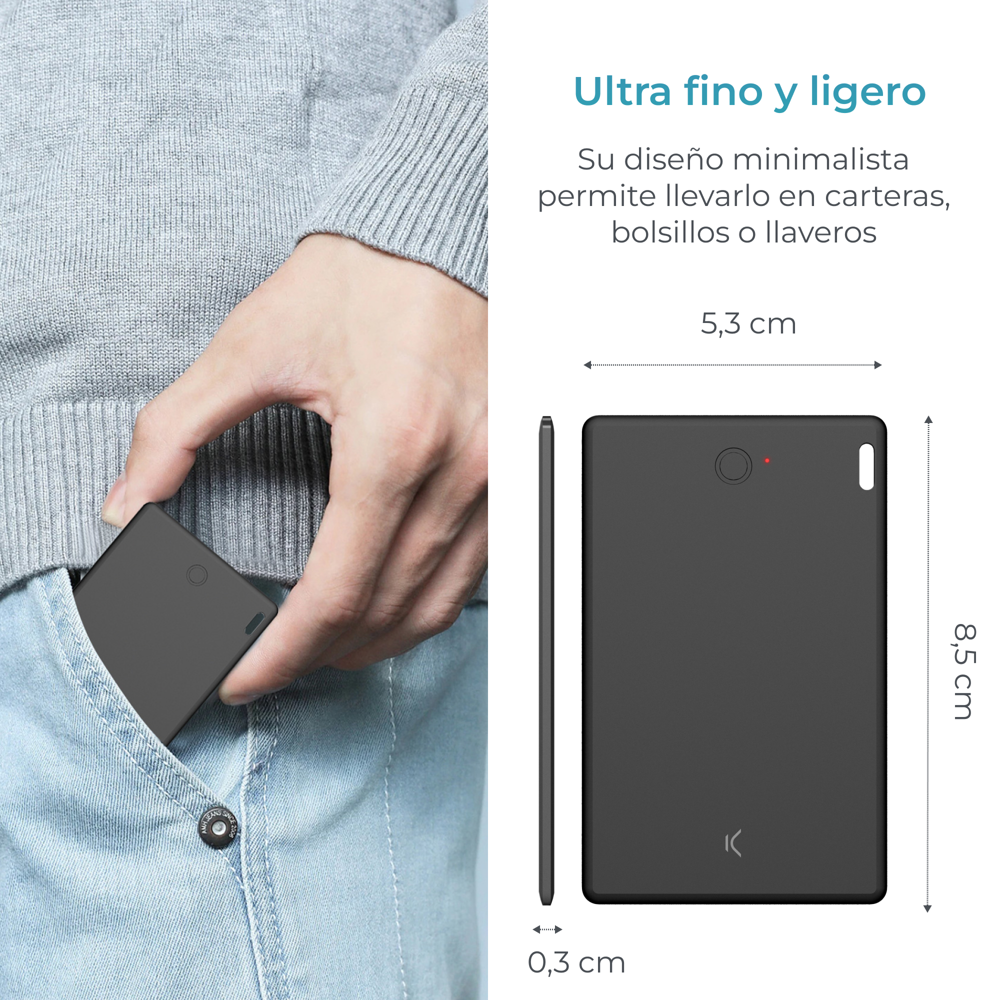 Czarny, prostokątny power bank w kieszeni, z tekstem i wymiarami. Szare tło.