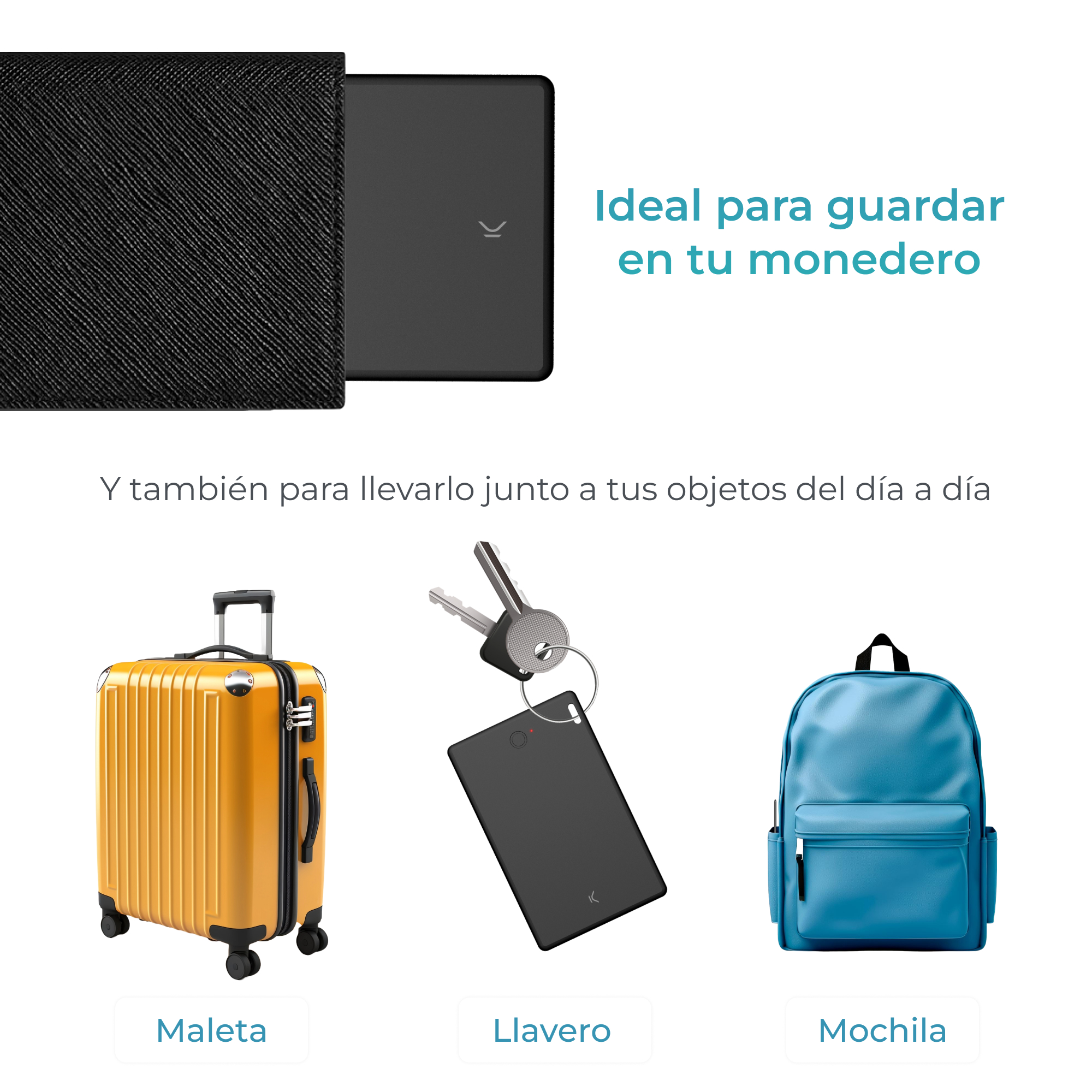 Kolaż czarnego portfela, żółtej walizki, kluczy i niebieskiego plecaka. Nakładka tekstowa.