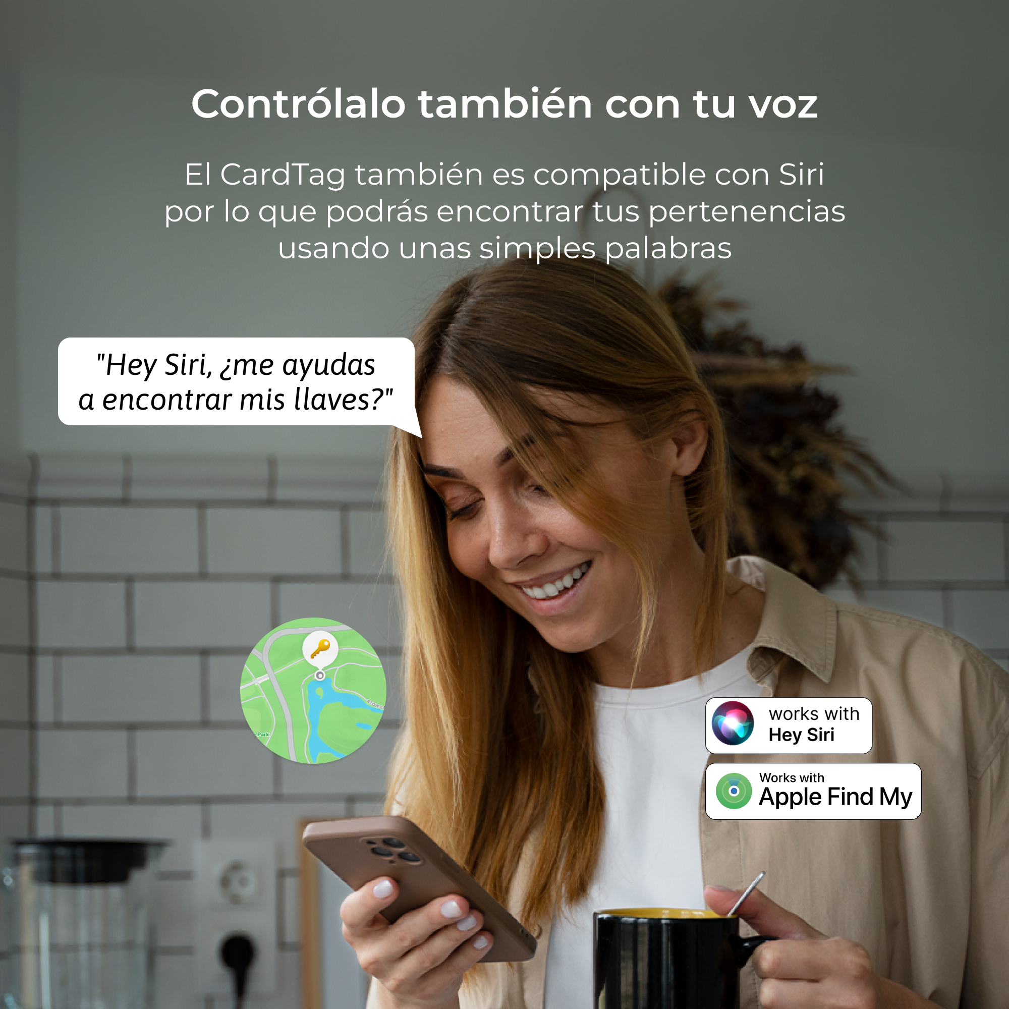 Kobieta trzymająca telefon, ikonę mapy i tekst. Tło: kuchnia z rośliną.