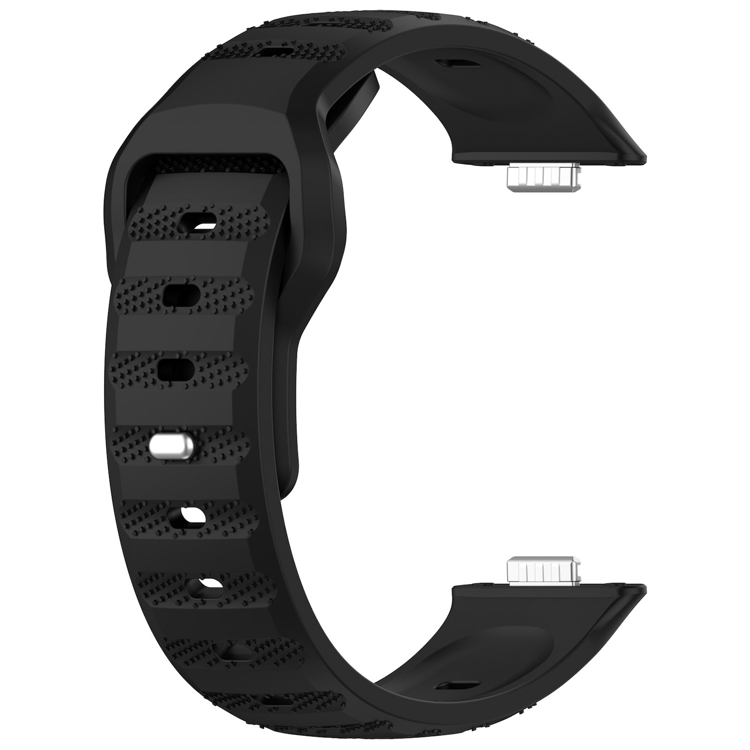 Schwarzes Uhrenarmband mit strukturiertem Design. Es hat eine Schnalle und Verbindungsteile.