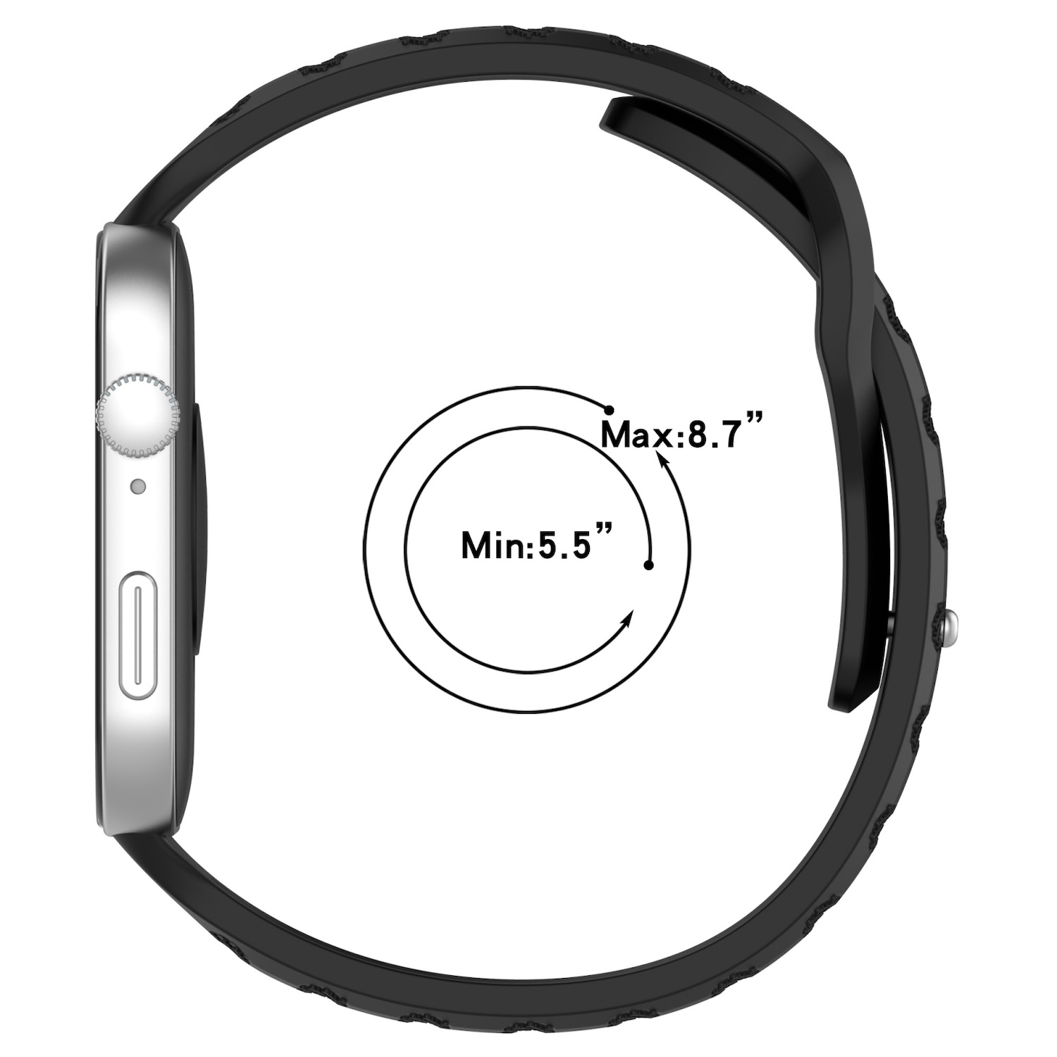 Seitenansicht einer Smartwatch mit schwarzem Armband. Es werden Handgelenkumfangsmessungen angezeigt.