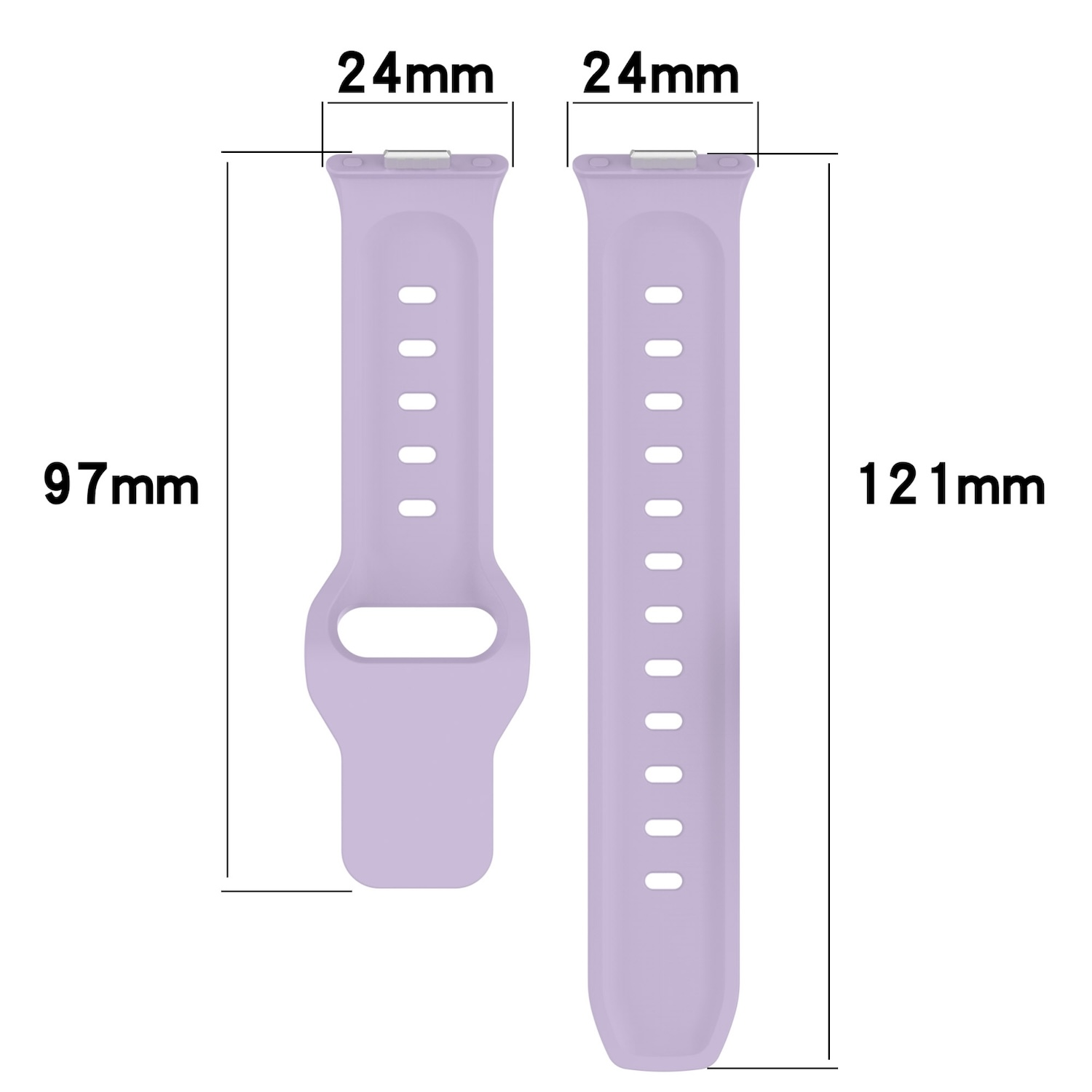 Zwei lila Uhrenarmbänder mit Abmessungen und Maßen. Das Armband hat Löcher.