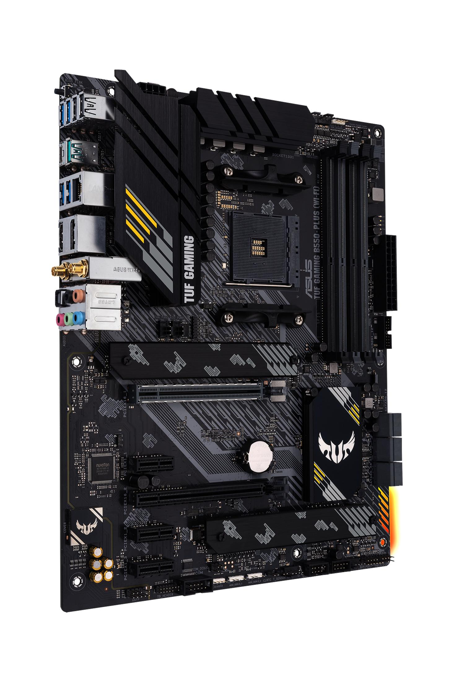 Una scheda madre per computer con accenti neri e gialli. Il nome Asus TUF GAMING è visibile.