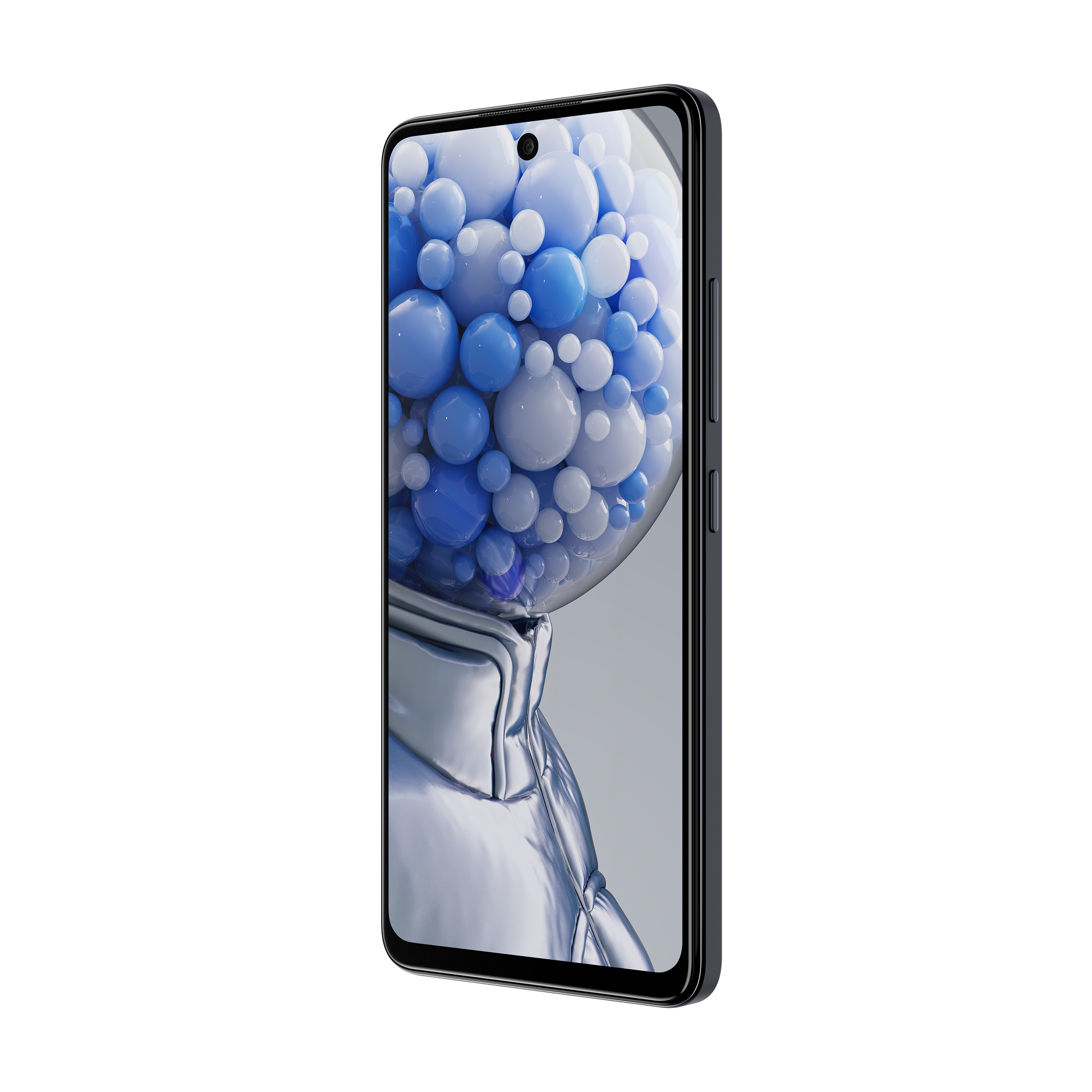 Ein schwarz-blaues Smartphone mit Blasen-Display. Das Telefon vor weißem Hintergrund.