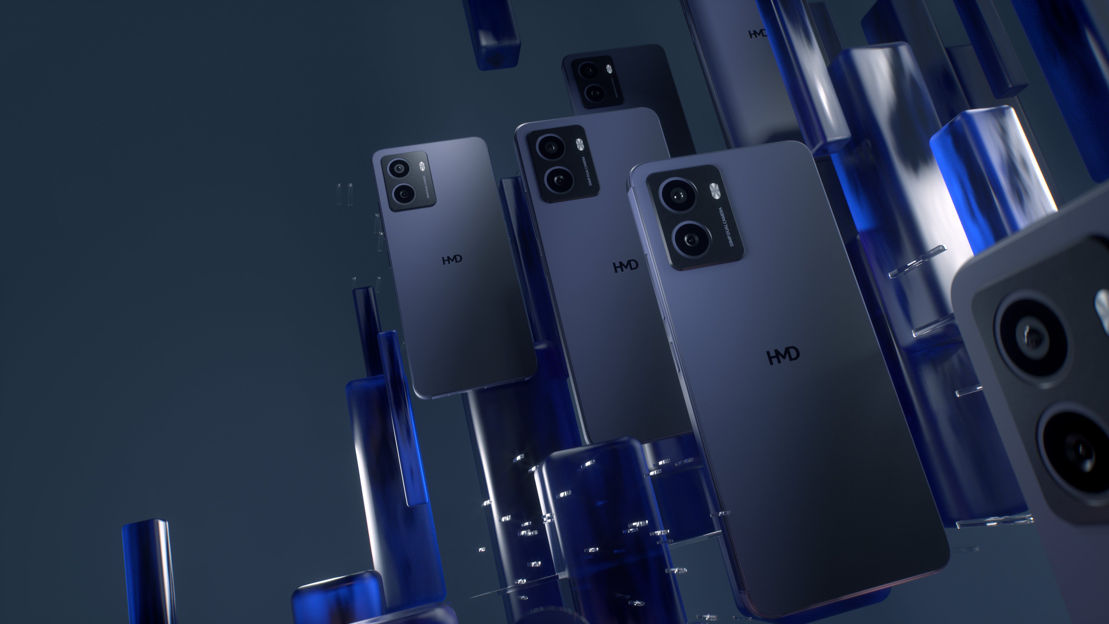 Mehrere dunkelblaue Smartphones in einem 3D-Rendering. Telefone sind abgewinkelt, zeigen Rückseiten und einige Kameradetails.