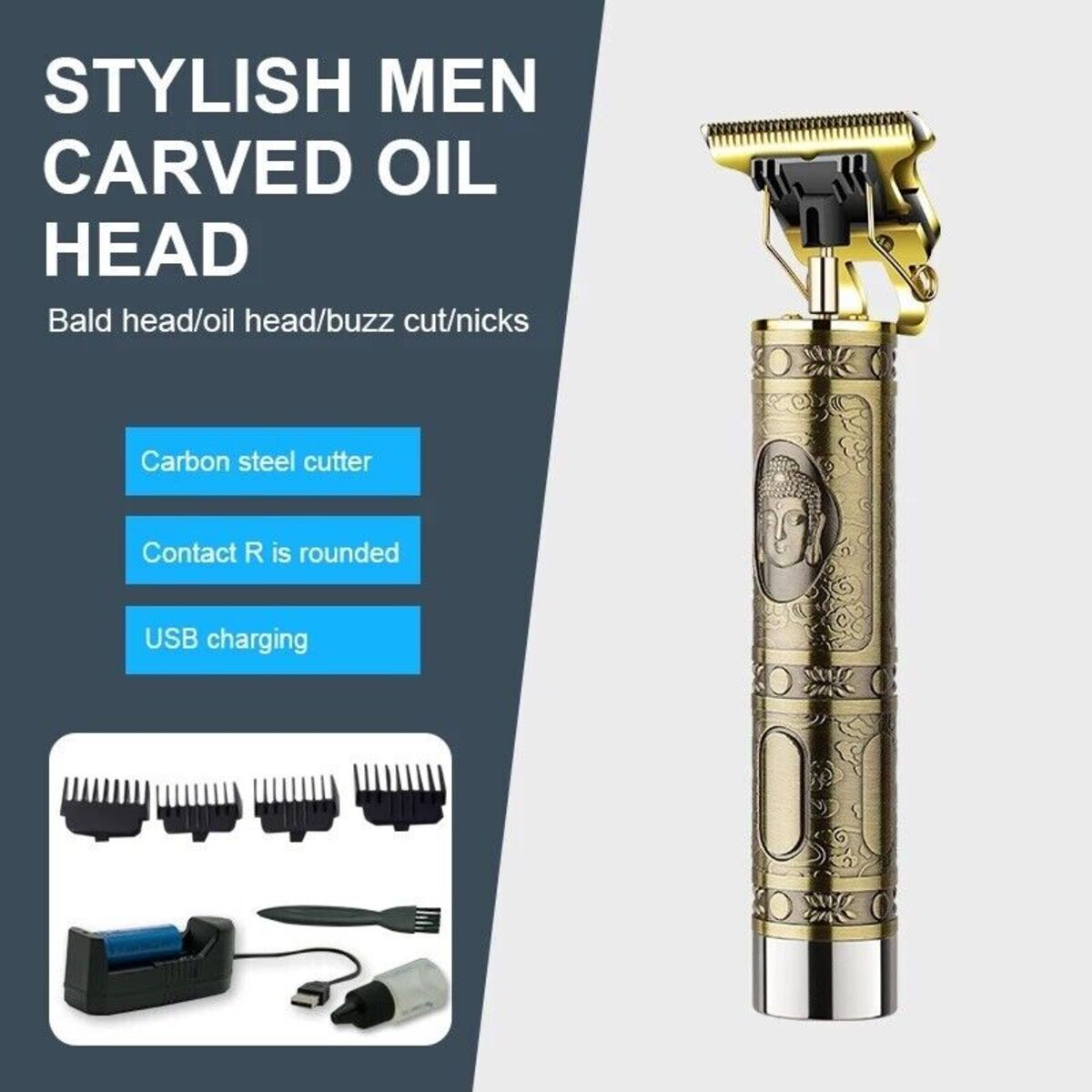 Ein goldener Haarschneider mit einem Buddha-ähnlichen Gesicht. Es gibt Kämme und anderes Zubehör. Weißer Hintergrund.
