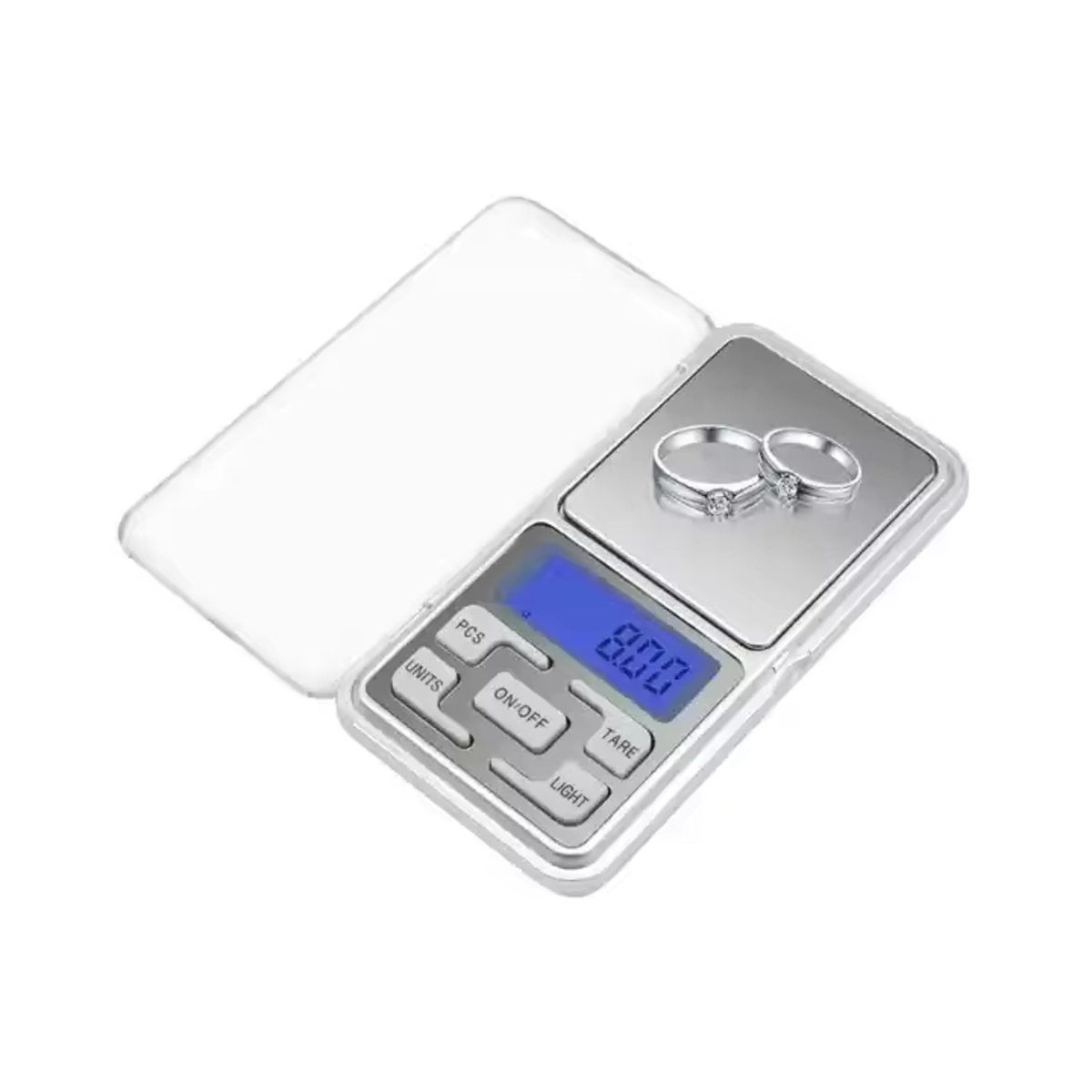 Kleine silberne Digitalwaage mit zwei Ringen, die einen Wert von 0,00 anzeigen.