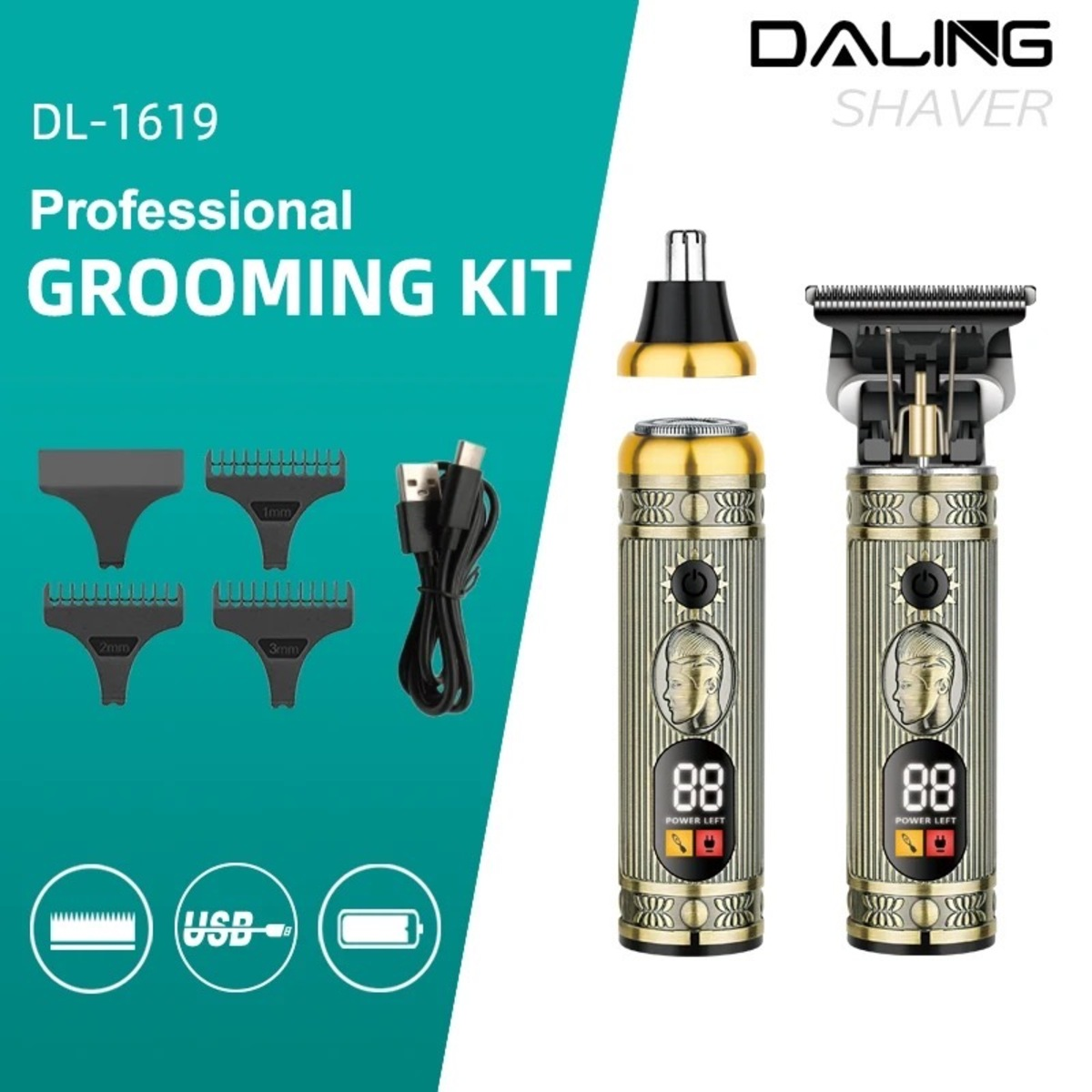 Professionelles Pflege-Kit mit zwei gold-schwarzen Haarschneidern, Kämmen und Ladegerät.