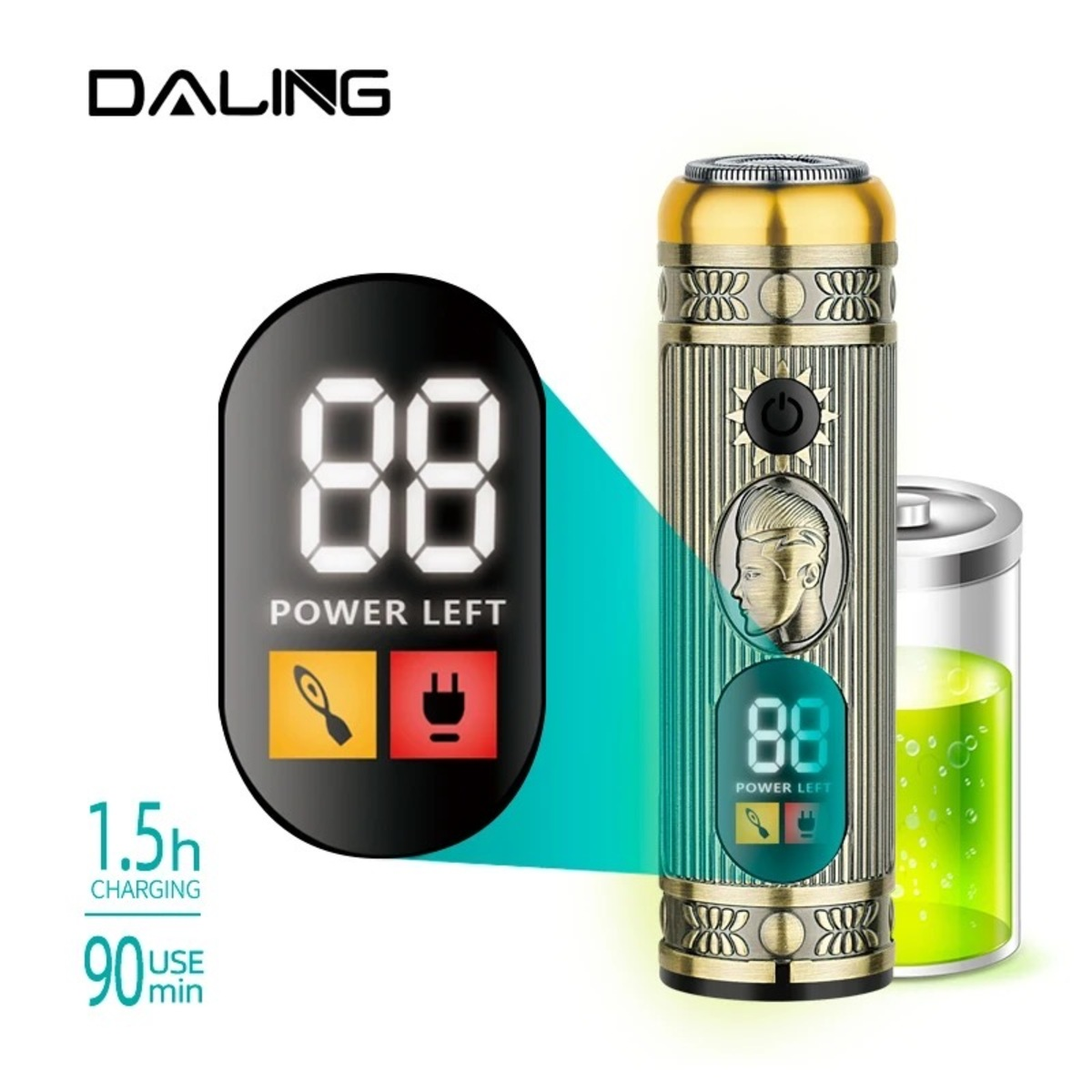 Ein gold-schwarzer Elektrorasierer mit Digitalanzeige '88' und Batteriesymbol.