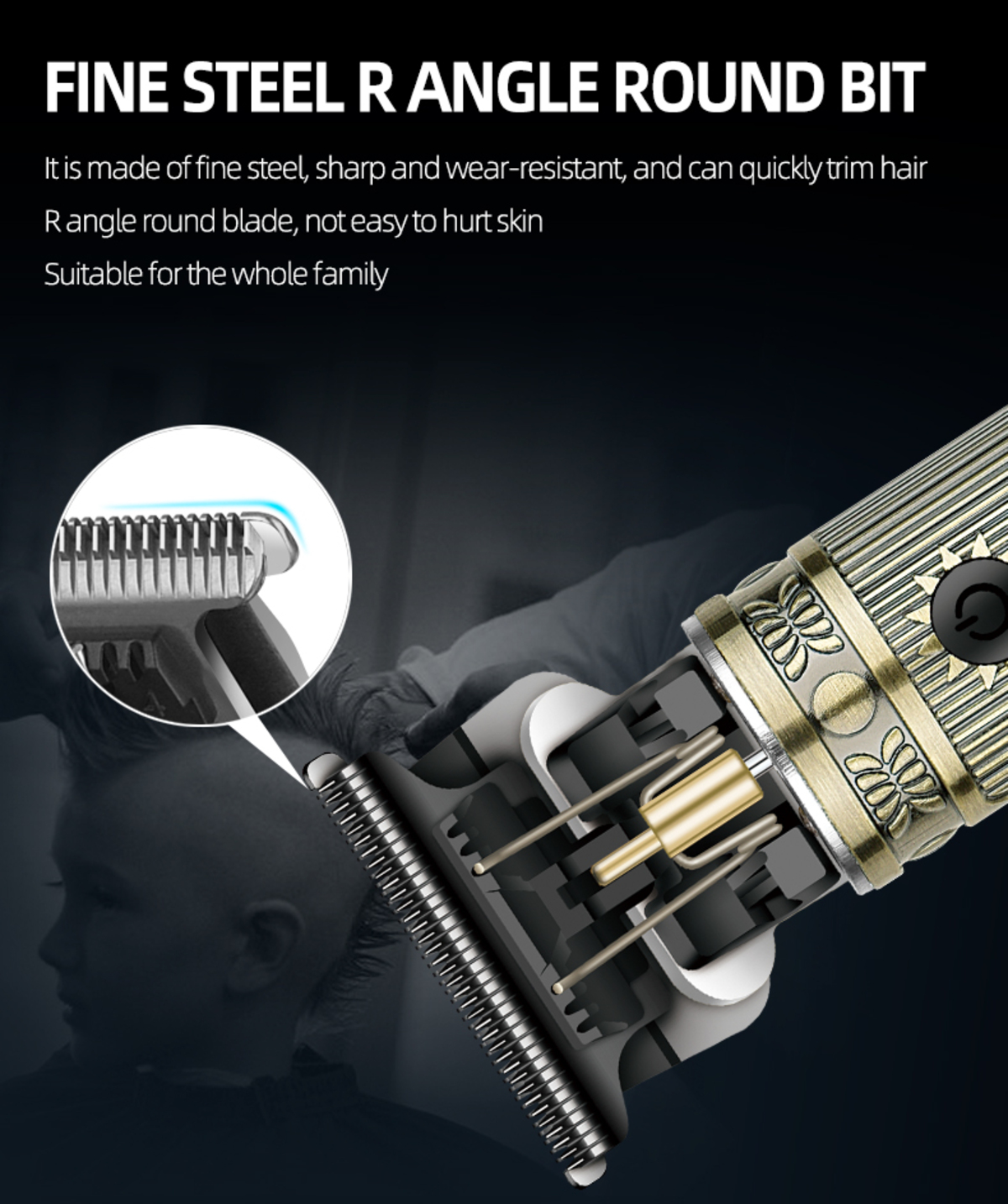 Nahaufnahme einer Haarschneidermesser. Der Trimmer ist gold- und silberfarben. Ein Diagramm zeigt die Details.