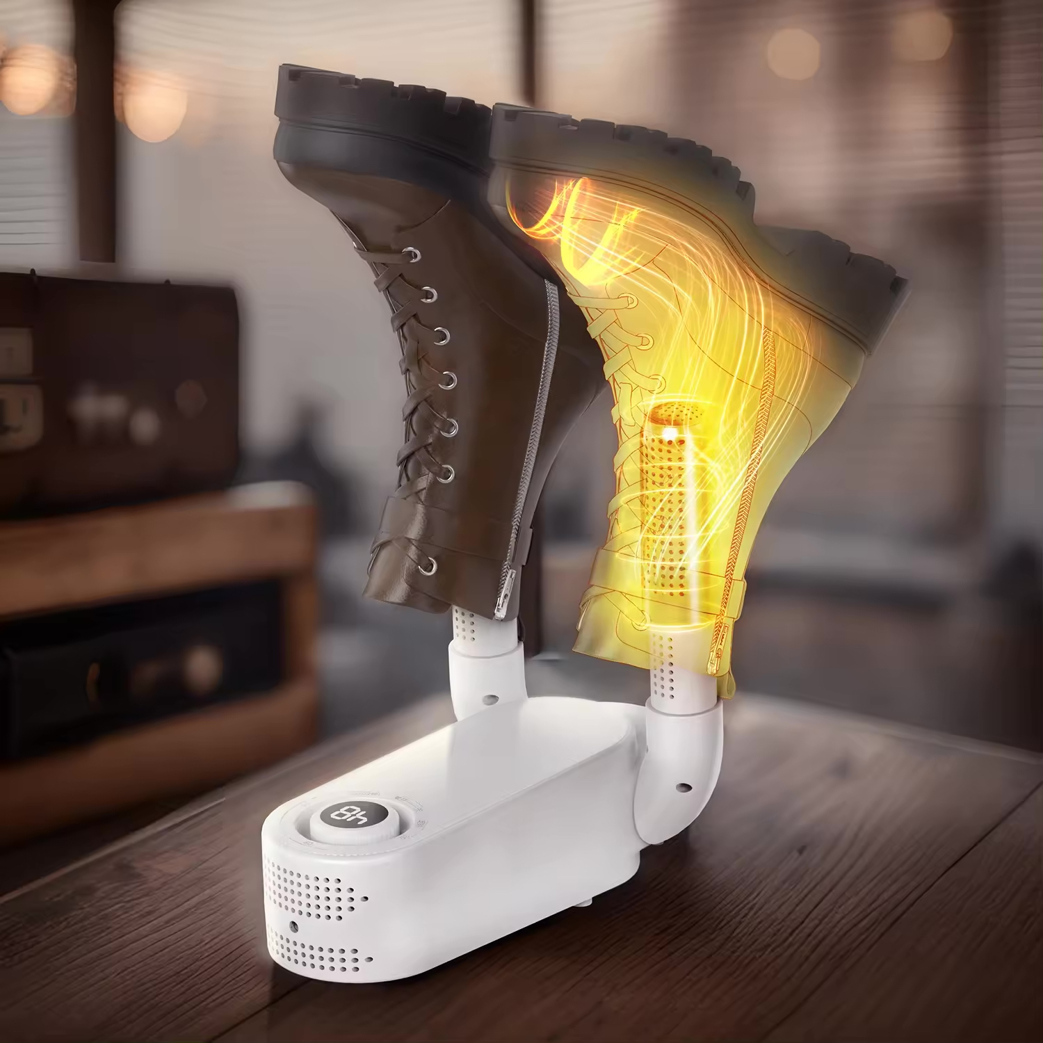 Paar Stiefel, die von einem Stiefeltrockner mit gelbem Licht getrocknet werden.