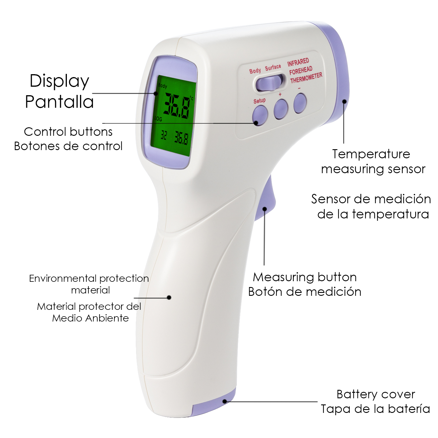 Ein weißes und lila digitales Infrarot-Stirnthermometer.