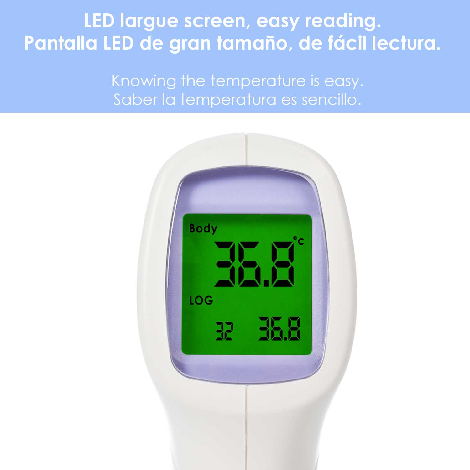 Digitales Thermometer. Grüne Anzeige zeigt Temperatur. Weißer Hintergrund.