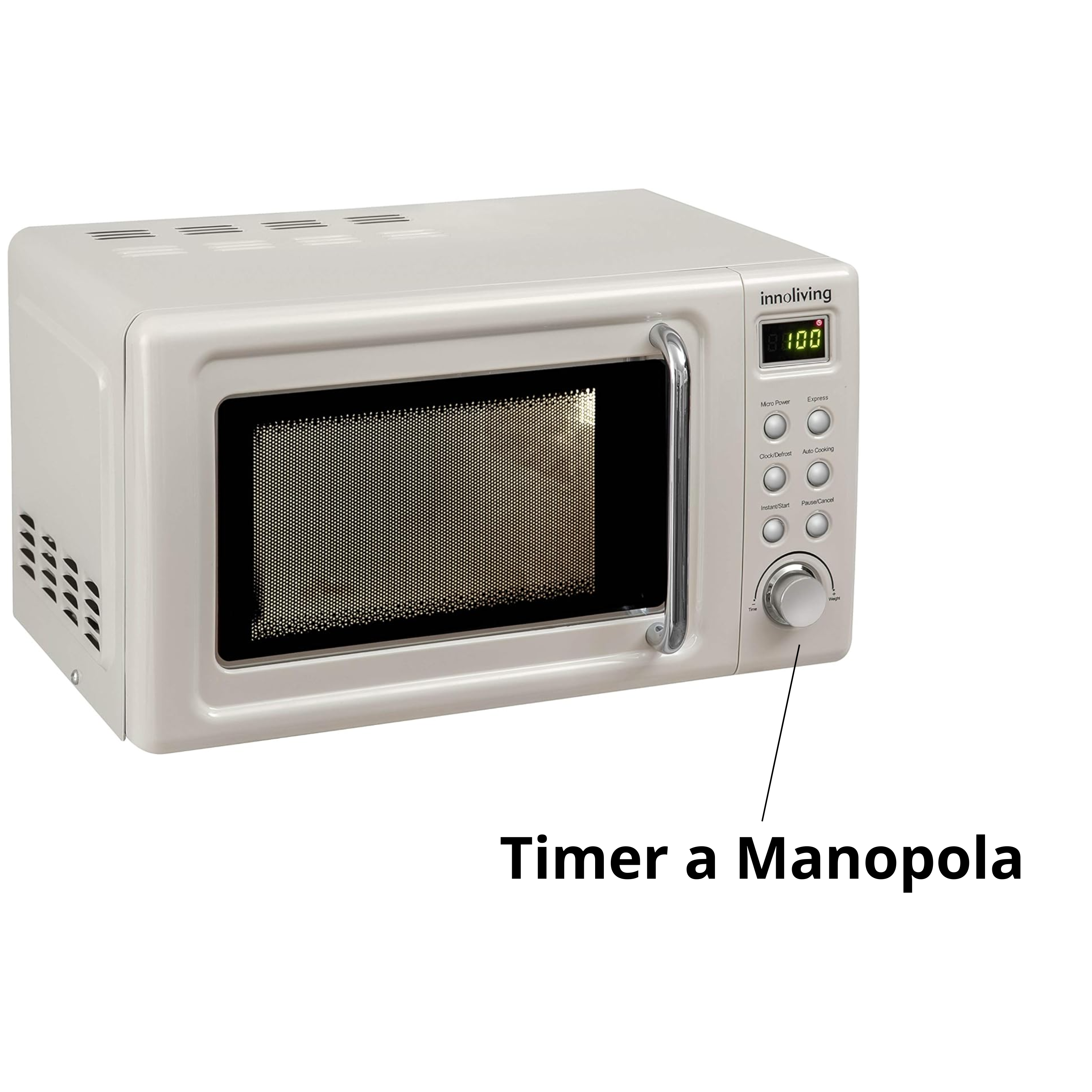Un forno a microonde beige con una manopola del timer. Il testo recita 'Timer a Manopola'.