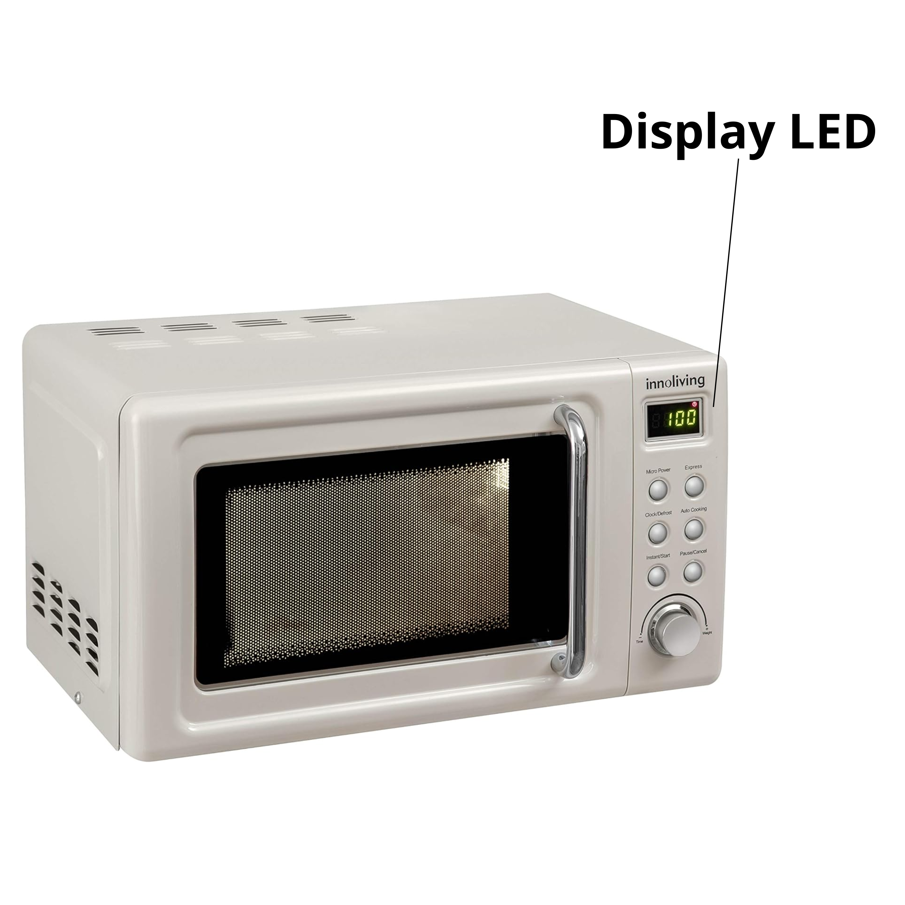Forno a microonde color crema. Il display a LED è evidenziato.
