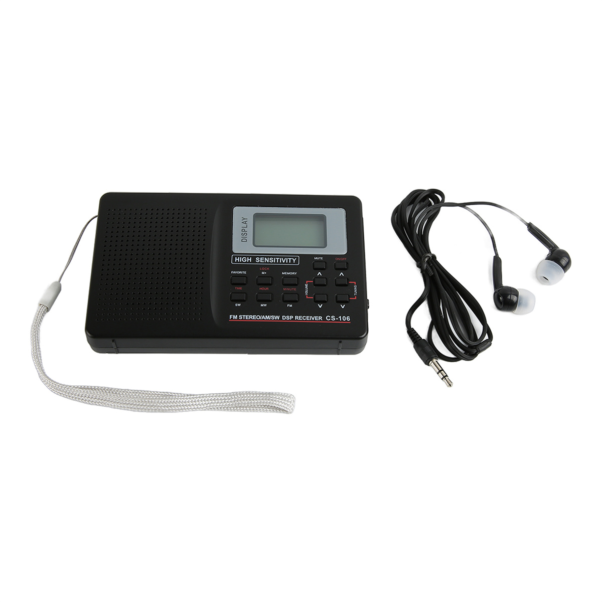 Schwarzes Radio mit Display und Kopfhörern. Es hat ein silbernes Lanyard.