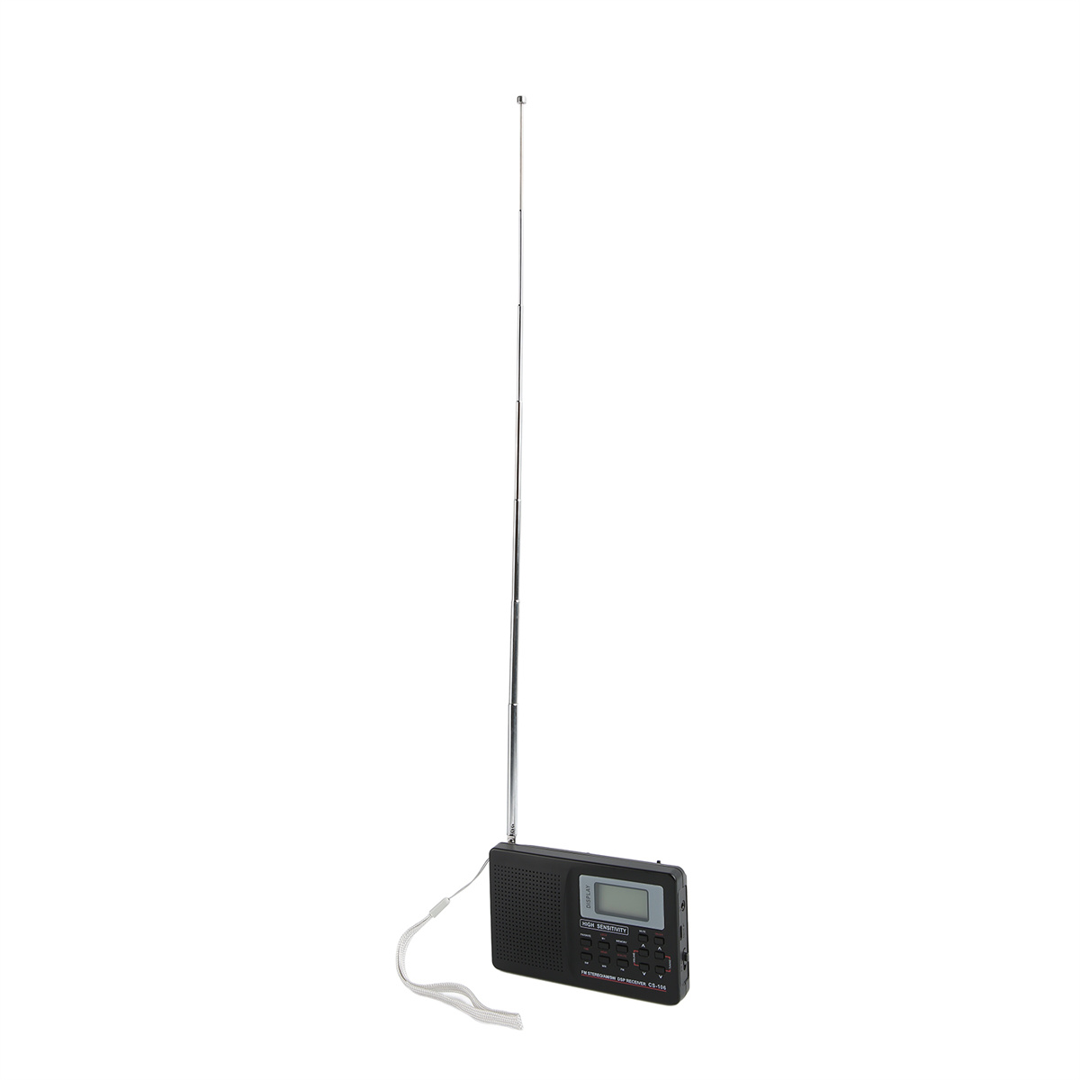 Ein schwarzes tragbares Radio mit einer silbernen Antenne. Es hat einen kleinen Bildschirm. Der Hintergrund ist weiß.