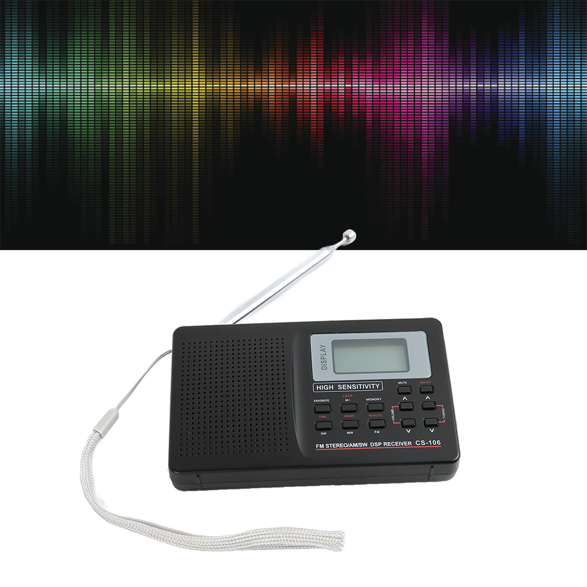 Schwarzes Radio mit Display und Antenne. Bunter Klangwellenhintergrund.