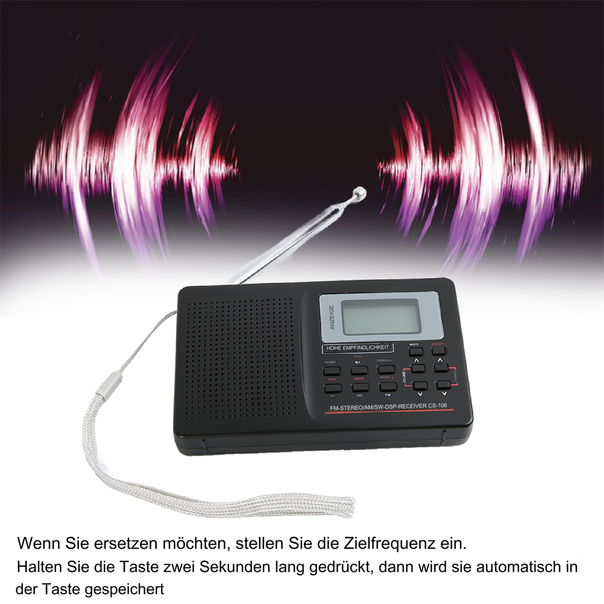 Schwarzes Radio mit Display. Wellengrafik im Hintergrund. Text auf dem Bildschirm, Knöpfe sichtbar.