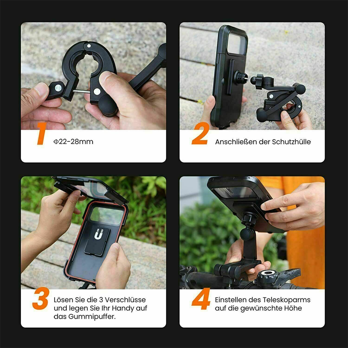 Vier Bilder einer Telefonhalterung, die an einem Fahrrad montiert wird. Verschiedene Schritte zeigend.